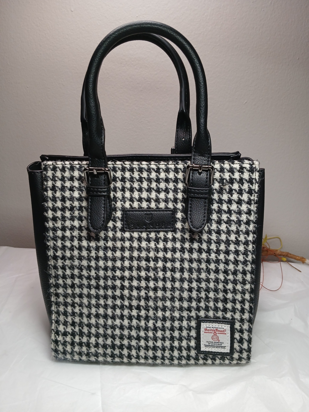 Islander Black and White Houndstooth Tote Handwoven Harris Tweed Wool Leather